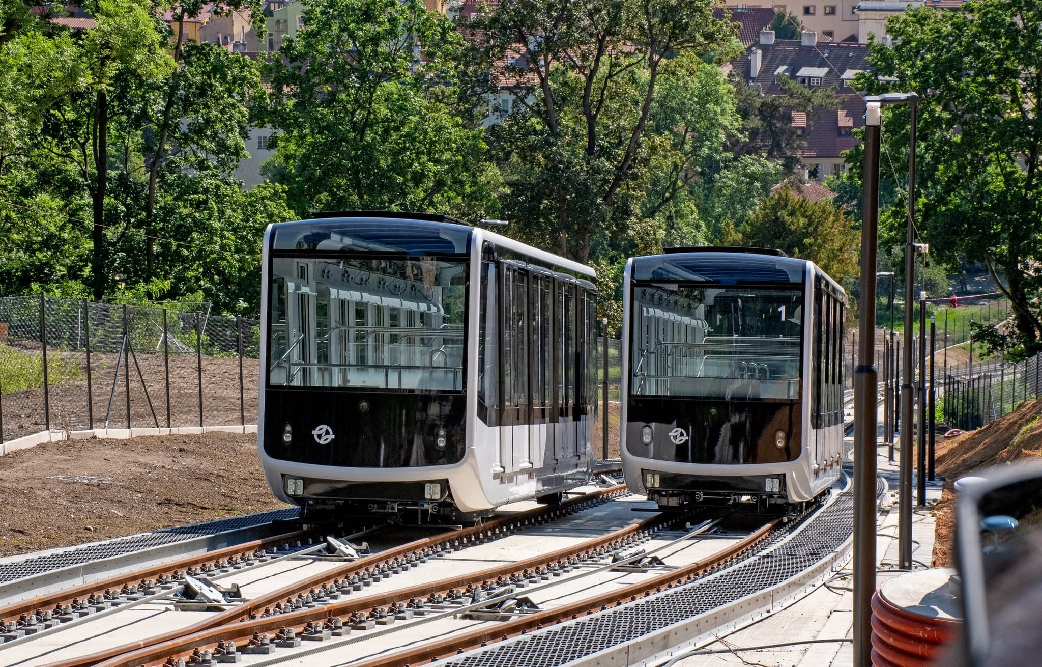 New-generation Petřín funicular cabins on the reconstructed track at Nebozízek